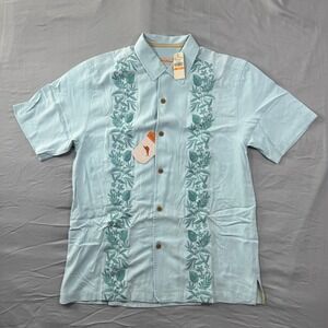 NWT Tommy Bahama Road to Havana Silk Shirt Mens S/P Dive Aqua Blue Embroidered